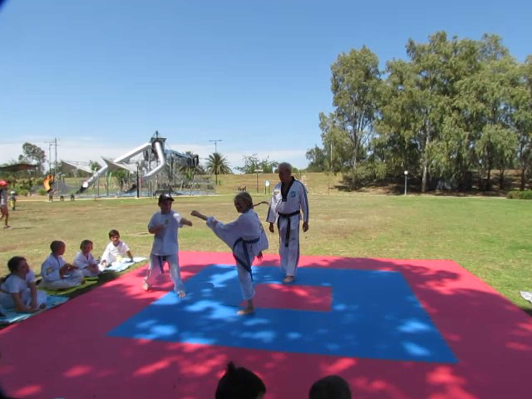 Two students practicing martial arts in Tamworth on a Taekwondo mat
