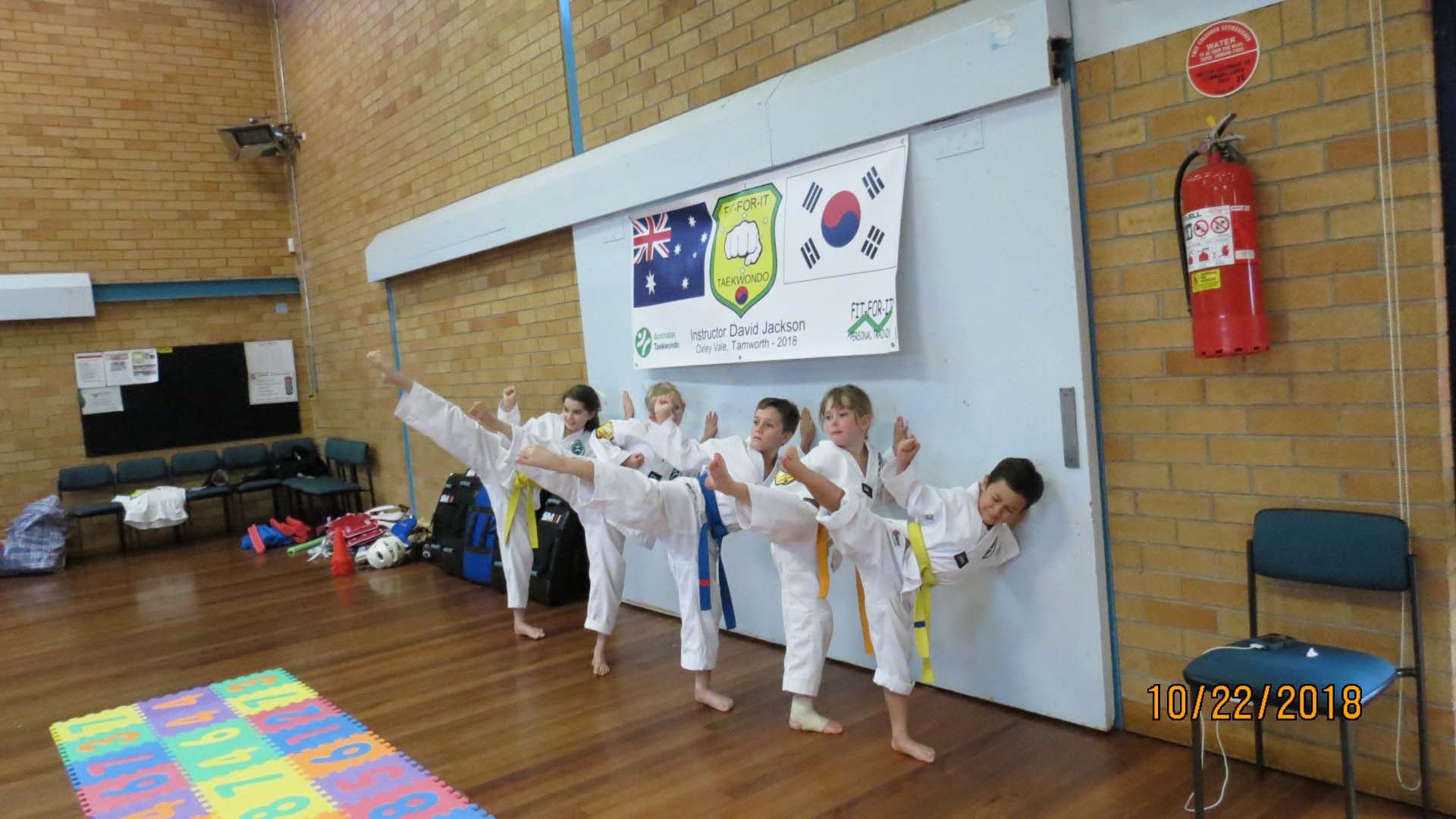 Junior Taekwondo students practice high kicks in Tamworth Martial Arts.